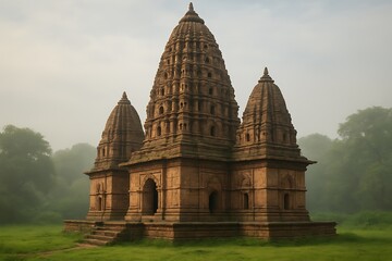 Majestic stone Hindu temple surrounded by lush green grass and fog at sunrise, symbolizing spiritual heritage, Indian culture Background