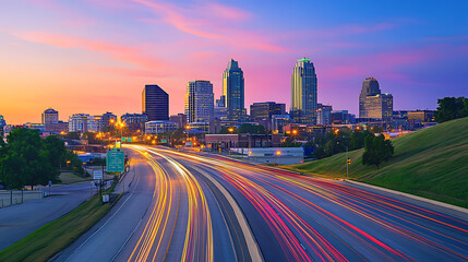 Fototapeta premium A city highway leading into the building in night 