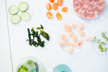 Explore a modern food science lab with fresh samples, test tubes, and microscopes. Ideal for biotechnology