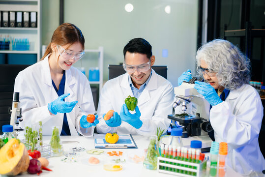 Team of scientists examining food samples in a lab with microscopes. Perfect for themes of food science, biotechnology,