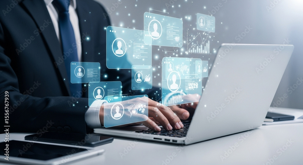 Poster Businessman using laptop with digital profile icons for networking and communication online