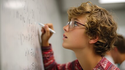 Student Solving Equations on Whiteboard in Classroom