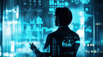 A professional discussing AI-enhanced data analysis in a meeting room, using visual aids like graphs and charts.