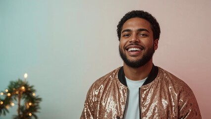 Young black man smiling in sequined jacket by holiday decorations  