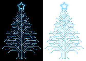 Christmas Tree Circuit Board Style – Futuristic Glowing Neon Blue Tech Design