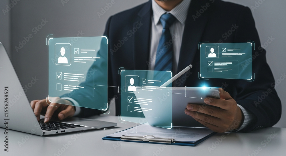 Poster Man in suit using laptop and tablet with virtual profile interfaces at desk for recruitment process
