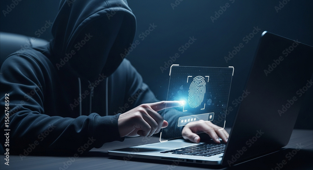 Poster Person in hoodie using laptop with fingerprint scan for security in a dark environment setting