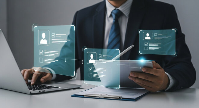 Man in suit using laptop and tablet with virtual profile interfaces at desk for recruitment process