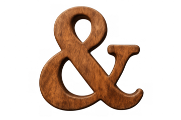 Close-up of a wooden ampersand symbol, isolated on a transparent background, showcasing its natural texture and craftsmanship