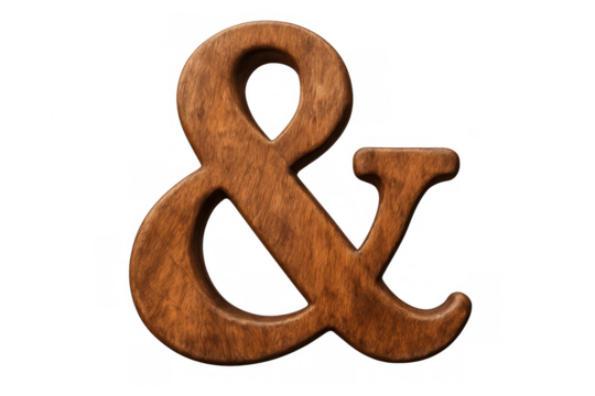 Close-up of a wooden ampersand symbol, isolated on a transparent background, showcasing its natural texture and craftsmanship - Powered by Adobe