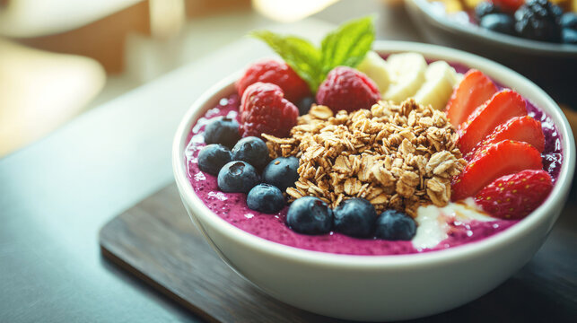 A freshly prepared acai bowl topped with granola and fruit at a fast casual caffa