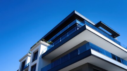 Obraz premium Modern multi-story building with sleek design, large dark-framed glass windows, transparent balcony railings, and exterior greenery against vibrant blue sky.