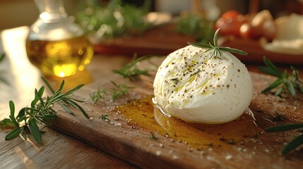 Creamy mozzarella ball drizzled with olive oil, herbs, and spices