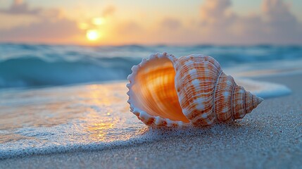Seashell on beach at sunrise (1)
