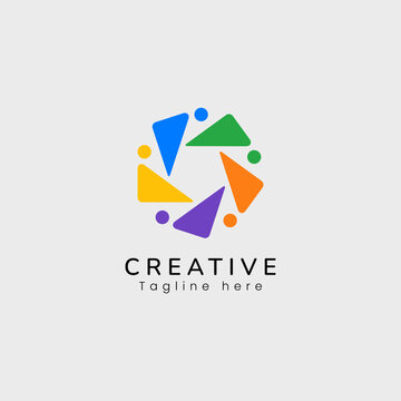 Abstract colorful logo of rotating people in triangle shapes, symbolizing diversity, unity, and collaboration.