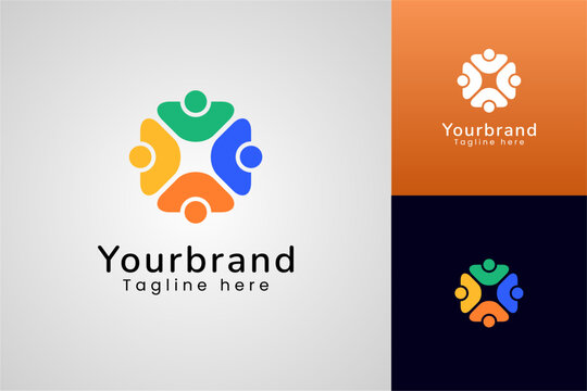 Flat modern logo of four people forming a circle, symbolizing unity, teamwork, and community.
