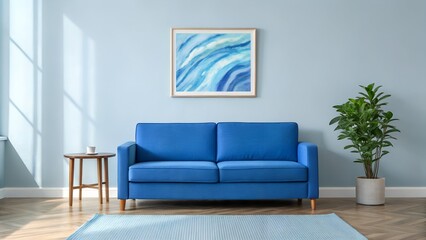 Modern living room with a bright blue sofa and abstract art