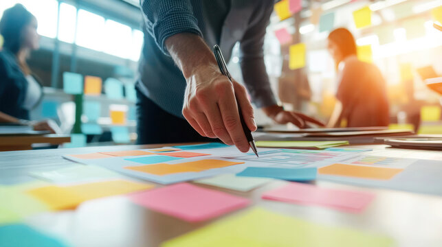 A marketing team brainstorming and discussing social media strategy in a modern office setting.