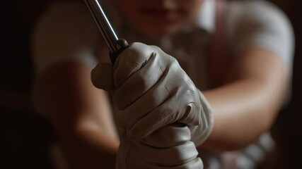 A person is holding a golf club and wearing gloves. The person is wearing a white shirt and a pink apron