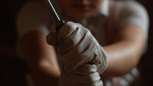 A person is holding a golf club and wearing gloves. The person is wearing a white shirt and a pink apron