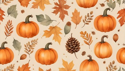 Cozy seamless pattern of pumpkins and fall leaves in watercolor, showcasing warm earth tones for an autumn vibe