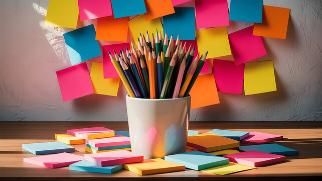 Vibrant collection of colorful sticky notes and pencils arranged on a wooden surface creating a visually stimulating and organized workspace - Powered by Adobe