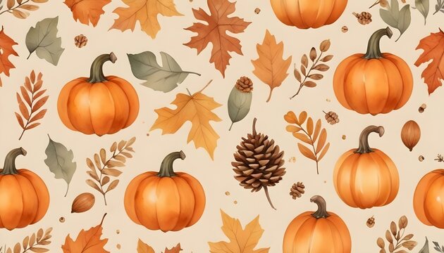 Cozy seamless pattern of pumpkins and fall leaves in watercolor, showcasing warm earth tones for an autumn vibe