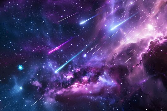 Colorful meteor shower in deep galaxy sky, vibrant purples and blues, stars and nebula glow, cosmic fantasy background.