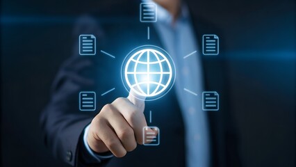 Businessman touching a glowing globe connected to digital documents on a dark background