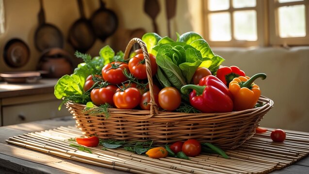 Fresh Vegetables in a Wicker Basket Inside a Sunlit Rustic Kitchen