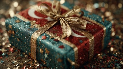 Eid gift box wrapped in Turkish flag colors, golden ribbons, floating confetti, soft focus