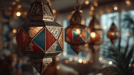 Eid lantern decorated with Egyptian flag motifs, metallic shine, dreamy light leaks