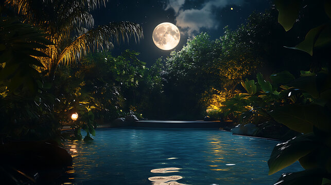 Night scene of swwing pool with full moon and trees 