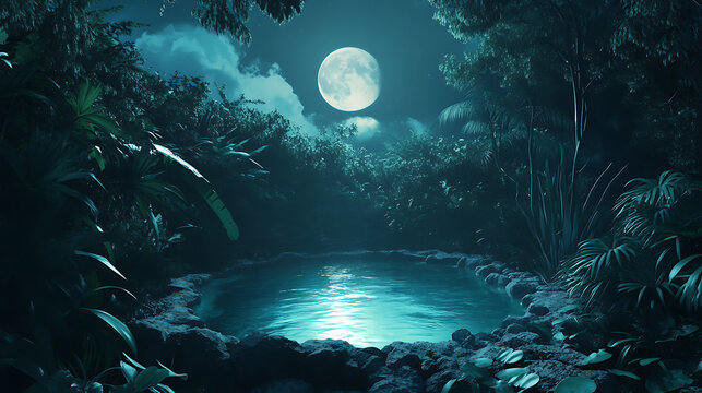 Night scene of swwing pool with full moon and trees 