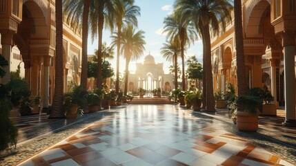 Fototapeta premium Sunny, ornate courtyard with palm trees