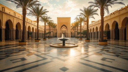 Sunny courtyard with arches, palms, and fountain