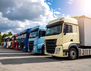Row of modern trucks parked under partly cloudy sky