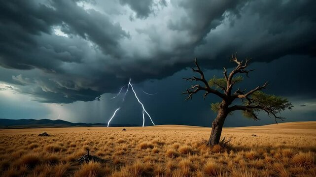 Dramatic thunderstorm rages above a desolate golden field with a lone tree and intense lightning strikes