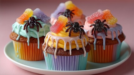 Halloween cupcake with German flag frosting, gummy spiders, surreal pastel drips
