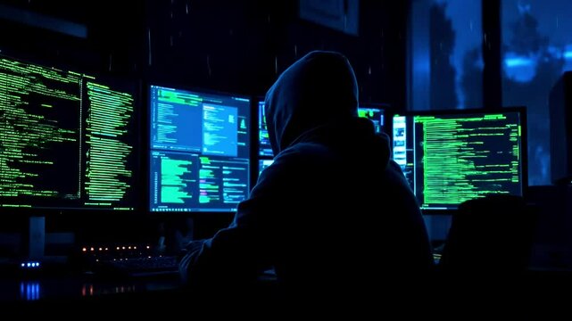 Anonymous Hacker in Dark Room Coding on Multiple Screens &ndash; Cybersecurity and Hacking Concept