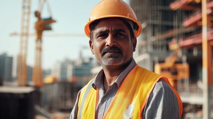 A portrait of a middle-aged Indian man in a yellow safety vest and helmet at a construction site, showcasing the essence of hard work and professionalism in the construction industry.