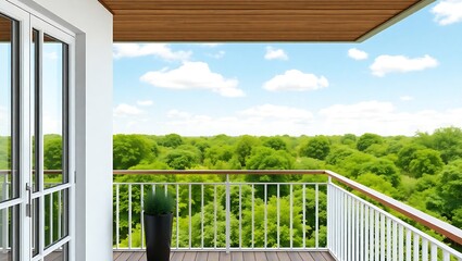 Fototapeta premium Balcony overlooking green landscape, photorealistic 3D modern exterior