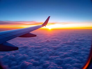 Obraz premium Airplane wing soaring above glowing morning clouds, capturing a calm and stunning travel atmosphere. Great for journey, aviation, holiday, and motivational visuals
