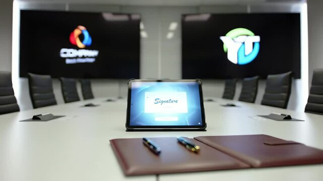 A conference room with a tablet displaying Signature on a table with pens and folders