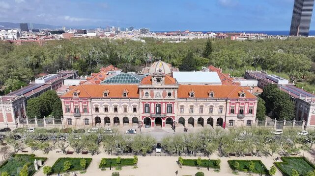 Catalonia Parliament In Barcelona Community Of Catalonia Spain. Birds Eye View Of Stunning Cityscape With Streets And Buildings. Industry Skyline Panoramic City View Amazing.