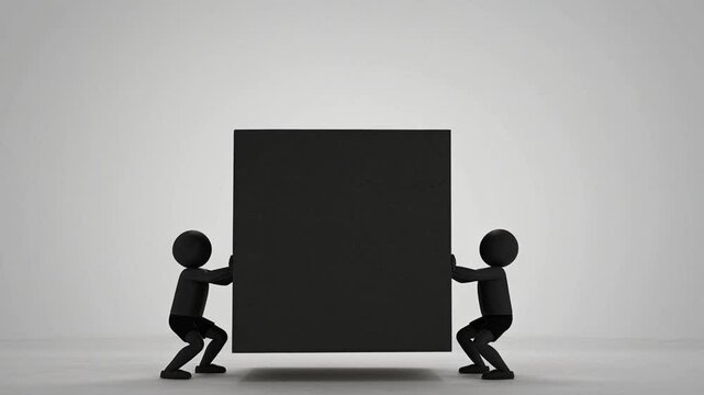 Teamwork and Collaboration Concept: Two Figures Lifting a Heavy Block Together.