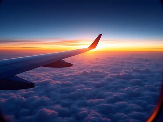Obraz premium Airplane wing flying above a sea of clouds during sunrise, creating a tranquil and scenic travel moment. Perfect for travel, aviation, vacation, and inspirational content