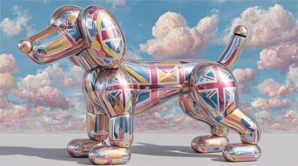 New Year's balloon dog with British flag spots, chrome finish, surreal pastel clouds