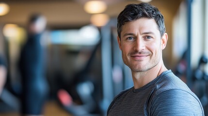 Fototapeta premium A fit European man in his late 30s poses confidently in a gym. His smile reflects a commitment to fitness and a healthy lifestyle, surrounded by exercise equipment.