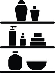 Fototapeta premium Illustration of three shelves with bottles and bowl in black and white